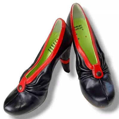 Harlot Womens Black Heels Size 8 Red Leather Retro Round Toe 3.5  • $89