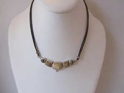 SU Signed Sterling Silver Jasper Double Strand Brown Leather Choker Necklace  • $35