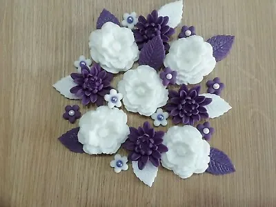 7 - PURPLE ROSE BOUQUET Edible Sugar Paste Flowers Cup Cake Decorations Toppers • £7.85