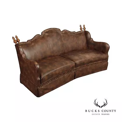 Century Furniture Spanish Revival Style Brown Leather Upholstered Sofa • $2995