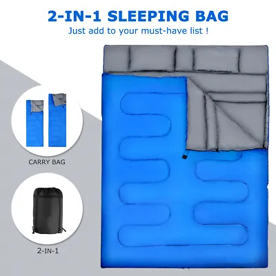 Double Sleeping Bag 4 Seasons Lightweight Camping Bag W/2 Pillows & Carrying Bag • £39.95