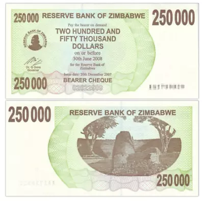 Zimbabwe 250000 Dollars P50 Banknote Currency 2008 Unc • $33.70