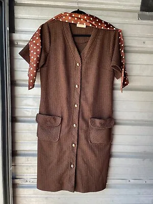 Vintage 1950's/60's Cay Artley Brown Button Up Dress W/ Attached Scarf Size 16 • $49.95