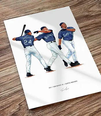 Ken Griffey Jr Seattle Mariners Illustrated Baseball Print Poster Motion Art • $19