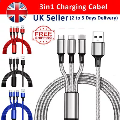 3 In 1 Multi USB Charger Charging Cable Cord For USB-C Micro USB Android IPhone • £1.99