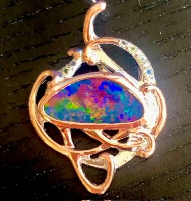 Celtic Knot Natural Australian Black Rose Opal Sterling & Gold Pendant Necklace • £234