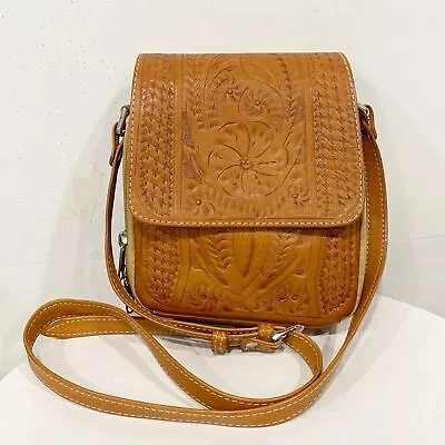 Vintage Genuine Leather Hand Tooled Floral Small Backpack Made In Paraguay Tan • $88