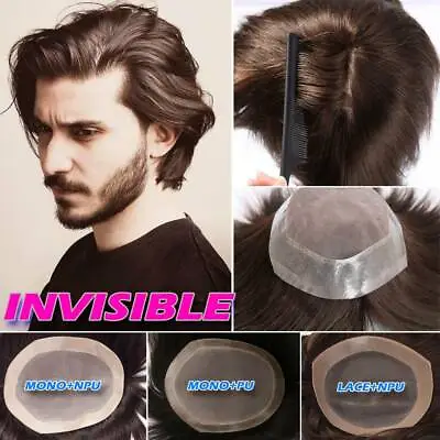 Mens Hair Replacement System Toupee Hairpieces Human Hair Wig NPU/PU Brown CHEAP • $179.90