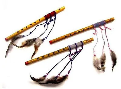 WOOD LEATHER WRAP WITH FEATHERS FLUTE New Musical Flutes Music Wood  BEADS • $7.18