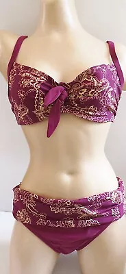 PANACHE PAISLEY VERONICA U/WIRED BURGUNDY BALCONY BIKINI SET W FOLD BRIEF 30E 12 • £19.99