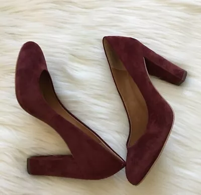 J. Crew Women’s 7 Etta Block Heel Suede Pumps HIgh Round Toe Burgundy • $39.99