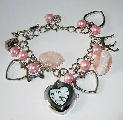 Heart And Pink Bead Watch Charm Bracelet W Greyhound Or Whippet Charms • $12