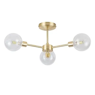 Modern Satin Brass Gold With Clear Glass 3 Arm Ceiling Light Lamp Fitting • £34.99