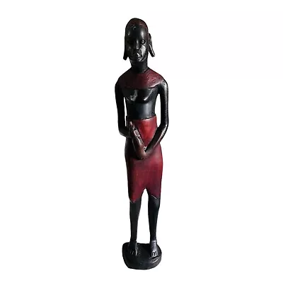Vintage Wooden African Masai Warrior Figure Ebony Wood Red Detail Figurine 17  • £39.99