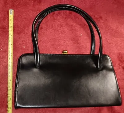 Vintage Handbag Kelly Elbief Frame Gold Outer Black Leather 1960's C 38 • £12.10
