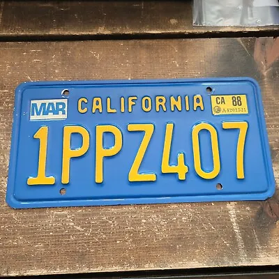 Vintage 1988  California License Plate Blue ~1PPZ407 March 1988 Tags • $20