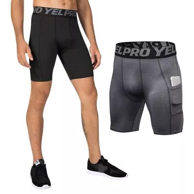 Men's Compression Shorts Pant Gym Tight Pocket Leggings Running Shorts Fast-Dry • £11.96