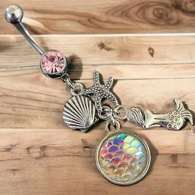 14g Light Pink Cz Dangle Mermaid Starfish Shell White Fish Scale Belly Ring B488 • $9.99