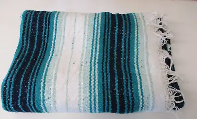 Mexican Blanket Throw Rug  Green White Woven Stripes Snuggle Blanket -M72 • £22