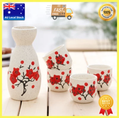 Japanese Traditional Flower Patterned 5 Piece Sake Set 1 Bottle 4 Cups Gift Box • $39.95