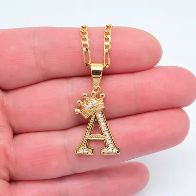 £5.99 • Buy 18K Yellow Gold Filled Clear Topaz Initial Crown Letter Pendant Necklace 24 