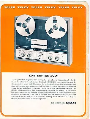 1970 Vintage Ad Sales Sheet: MAGNECORD  Lab Series 2001  Reel Tape Recorder • $9.99