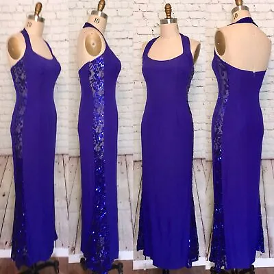 Y2K 90s Royal Blue Mermaid Halter Dress Sequin Sides Prom Formal  • $55