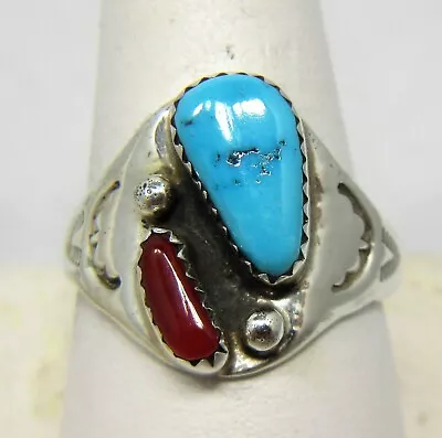 Sterling Silver Turquoise Coral Ring Size 11 1/2 Navajo Signed ML #62 • $72