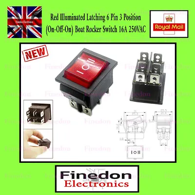 Red Latching Illuminated 6 Pin 3 Position On-Off-On Boat Rocker Switch 250V 16A • £3.56