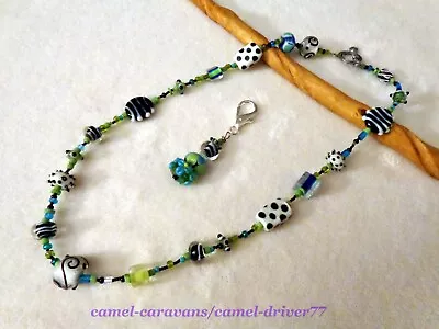 Handmade LAMPWORK Cane GLASS Bead 22  NECKLACE & Keychain/Zipper Pull BLUE GREEN • $30