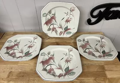 Mikasa Silk Flowers Dinner Plates 10 1/4  F3003 Octagonal Shape Set 4 Excellent • $48.95