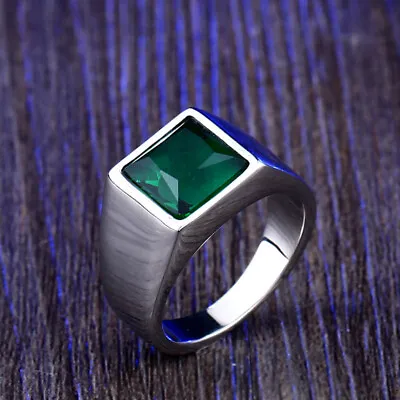 Square Green Zircon Wedding Ring Stainless Steel Men Women Polished Silver Ring • $11.99
