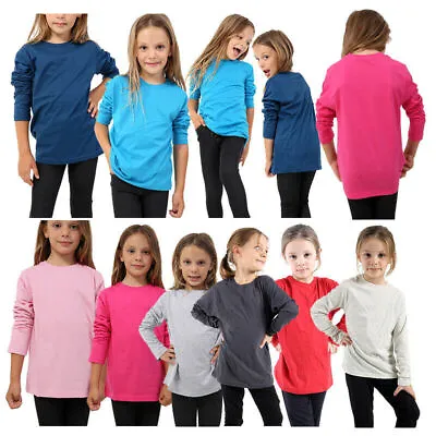 Childrens Long Sleeve Top Plain Kids Round Neck Basic Stretch School T-Shirt • £5.99