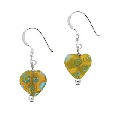 925 Silver Yellow Millefiori Murano Glass Heart Dangle Earrings • $9.99