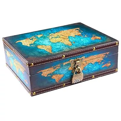 $36.65 • Buy Vintage Wood And Leather Treasure Chest With Lid And Lock - Decorative Wooden