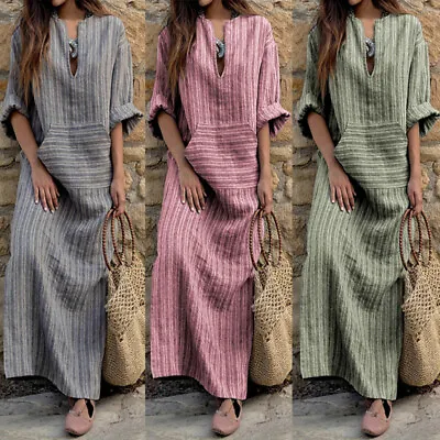 $26.21 • Buy Women's Long Sleeve V-Neck Cotton Kaftan Striped Shirt Vintage Maxi Long Dress