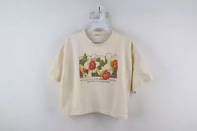 Vintage 90s Streetwear Womens OSFA Spell Out Flower Crop Top T-Shirt Cream USA • $33.96