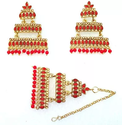 Red New Pearl Bridal Maang Tikka Earring Kundan Wedding Gold Tone Indian Jewelry • $23.64