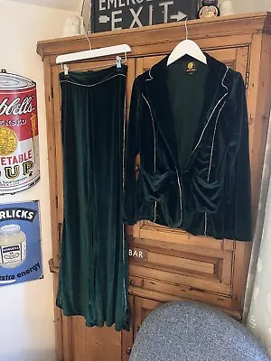 Dusty Daze Velvet Suit Rhinestone Green 70s Style Flares Blazer • £65