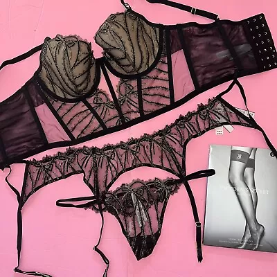 Victoria's Secret Longline 36D BRA SET+garter+M Thong BLACK Gold BOW Embroidered • £163.91