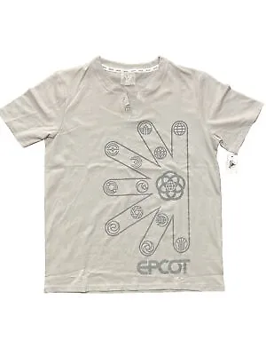 NWT Disney Parks Epcot Center Logo Tee Shirt Gray Two Button V-Neck Adult M • $19.99