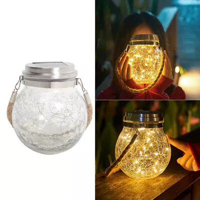 Solar Powered Crackle Glass Lantern Table Lamp Hanging Light Outdoor Waterproof • £8.95