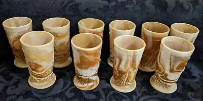 Nine (9) Vintage L. G. Wright Wreathed Cherry Caramel Slag Glass Footed Tumblers • $380