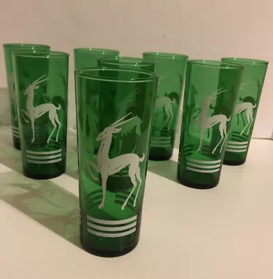 Mid-Century Green Gazelle Deer Collins Glasses Bar Drinkware Set Of 8 Art Deco  • $75