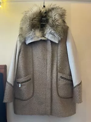 River Island Brown / Cream Winter Coat Faux Fur Collar Size 12 • £12