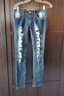 V.I.P Jeans Distress Blue Denim Stretch Skinny Low Rise Jegging Junior Size 1/2 • $12.99