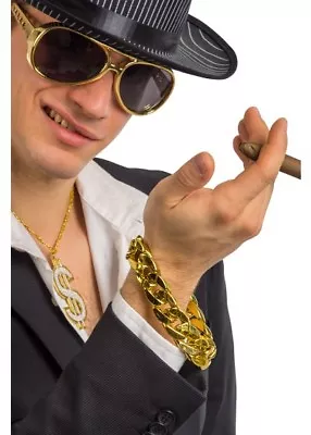 GOLD GANGSTER BRACELET Pimp Rapper DEL BOY Fancy Dress Costume Chain Bling UK • £3.95