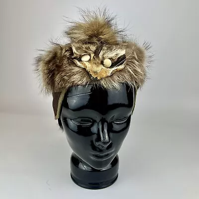 Vtg Dan'l Boone Grewax Genuine Real Raccoon Face Fur Coonskin Hat Wool Ear Flap • $65