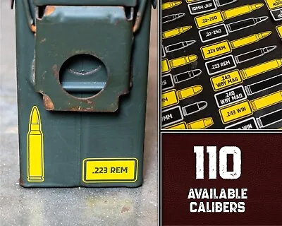 Ammo Can Bullet Decal Labels Stickers - UV Stable 2-Color Vinyl - 110 Calibers • $1.25