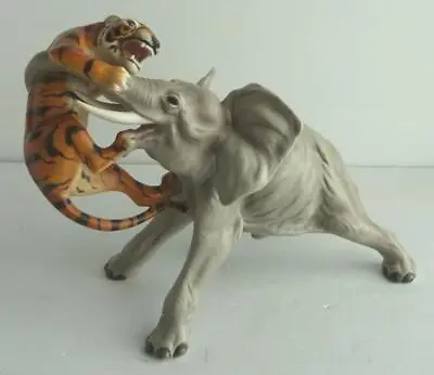 Large Mid Century Ronzan Italian Ceramic Figure Of A Elephant And Tiger Fighting • £299.99